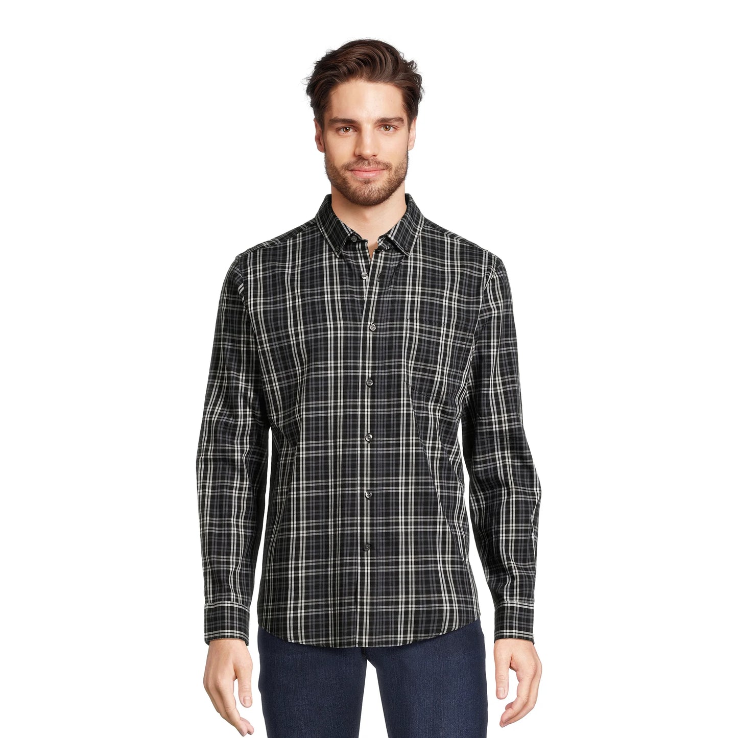 George Men's Long Sleeve Black Plaid Button-Up Shirt Size XL